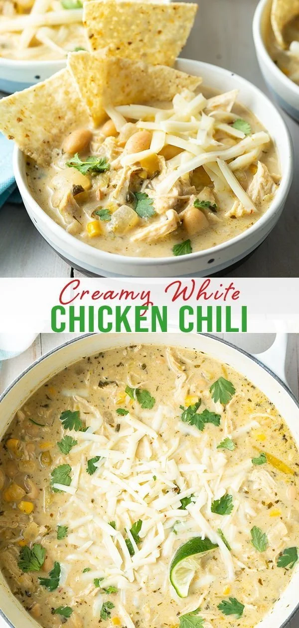 A bowl of creamy white chicken chili topped with herbs and served with bread.