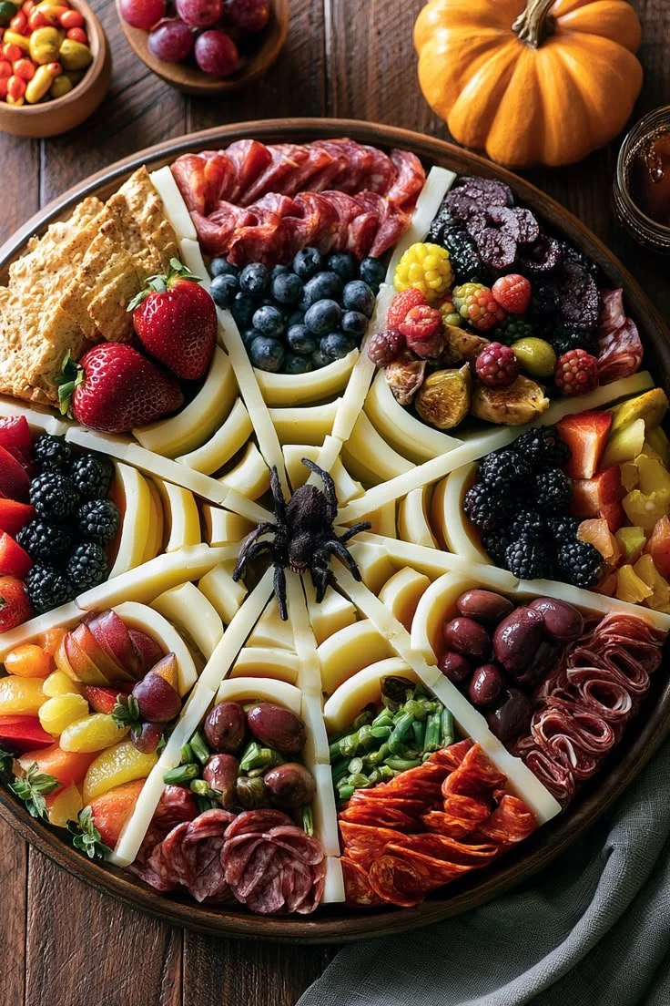 Creepy Halloween spider web charcuterie platter with kids appetizer