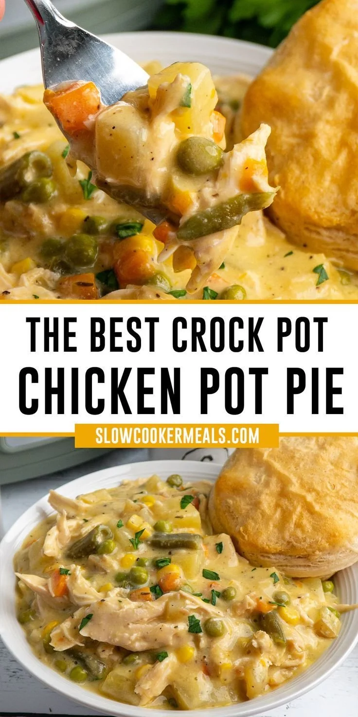 Delicious Crock Pot Chicken Pot Pie served in a bowl with golden crust.