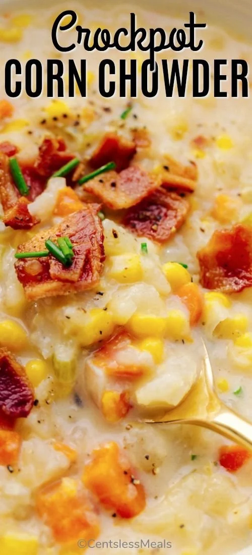 Crockpot corn chowder with potatoes and bacon in a bowl