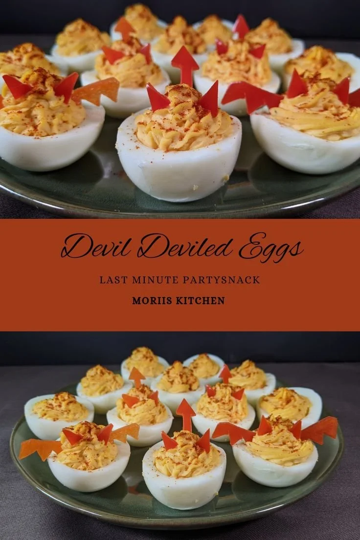 Plate of devil deviled eggs ready for a party snack