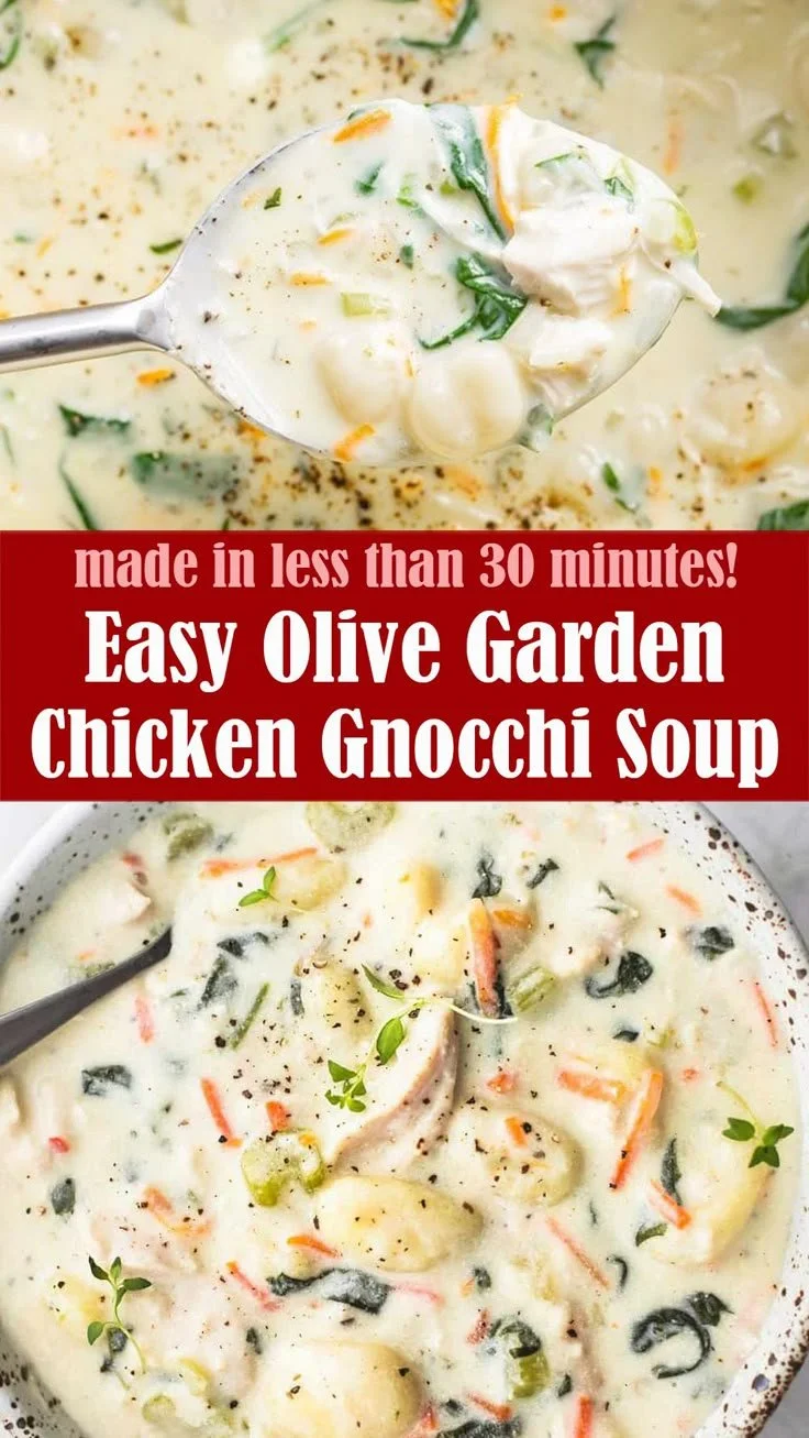 Bowl of homemade Olive Garden chicken gnocchi soup with fresh herbs