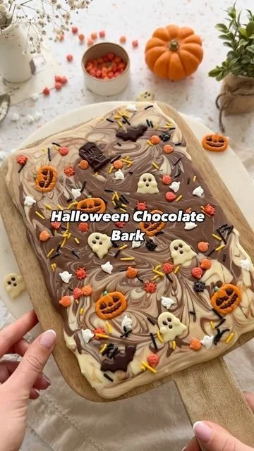 Fall chocolate bark with Halloween Boo bark flavors and spooky designs