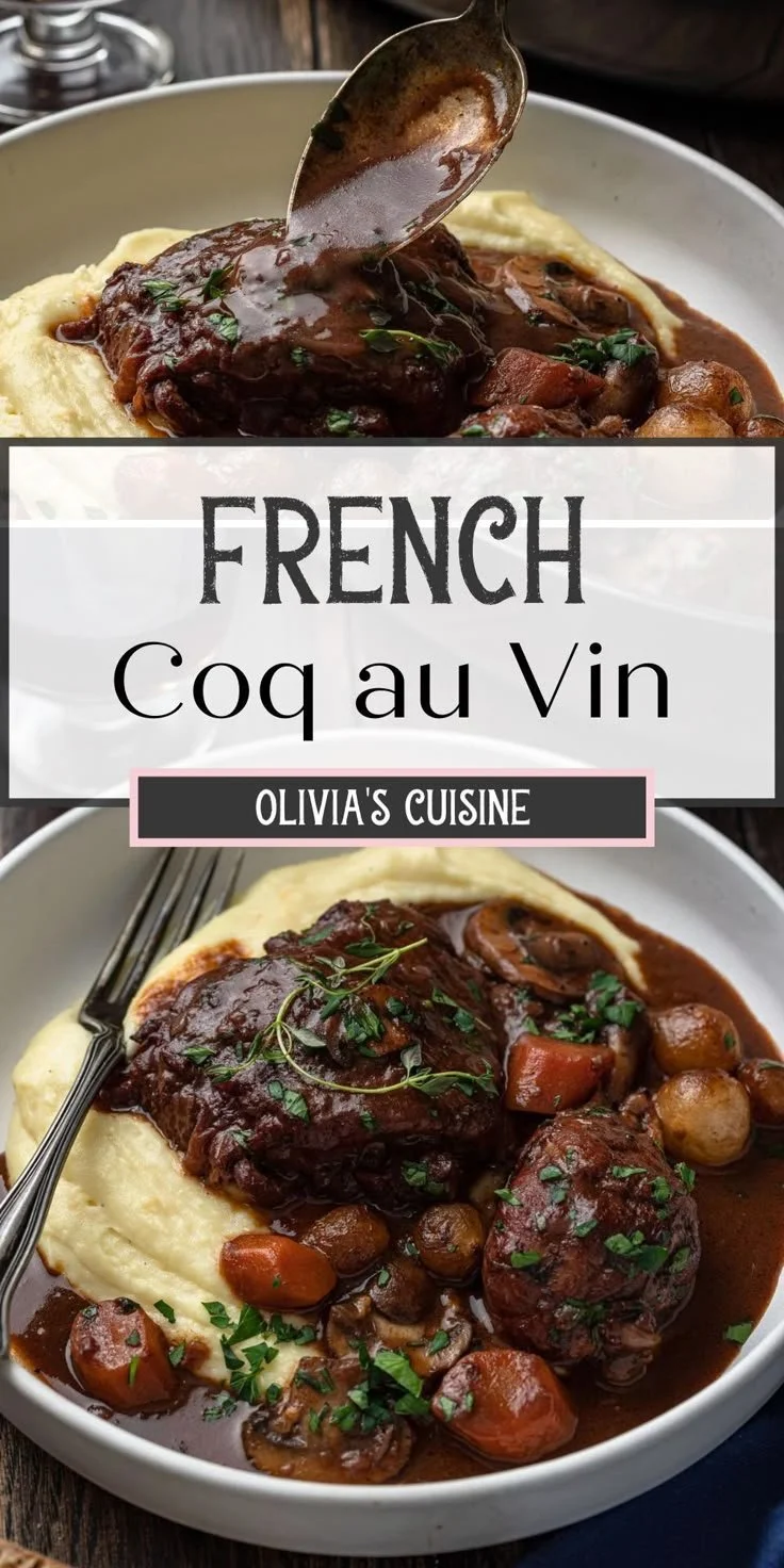Delicious plate of French Coq au Vin featuring chicken, mushrooms, and red wine sauce