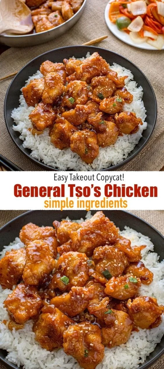 Delicious General Tsos Chicken served with rice and vegetables