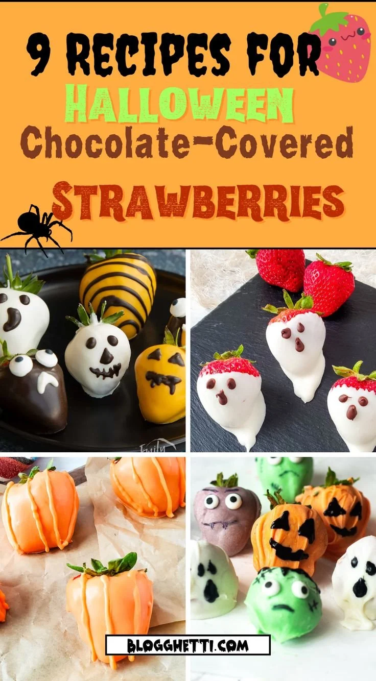 Halloween-themed chocolate-covered strawberries decorated with spooky designs