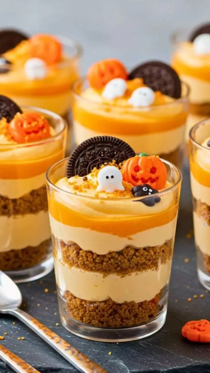 Festive Halloween dessert with pumpkins and ghosts for a spooky celebration.