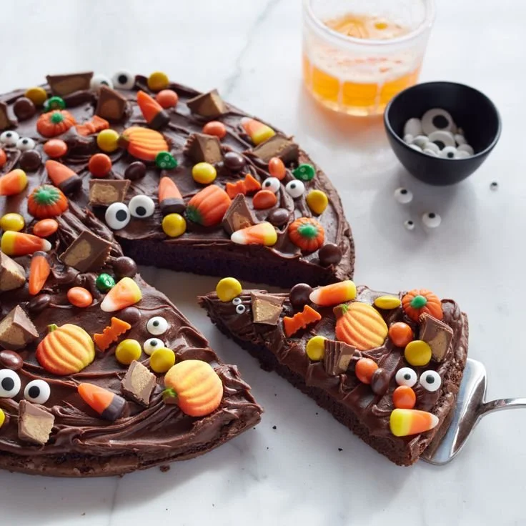 Happy Halloween Brownie Pizza recipe from Pillsbury Baking.