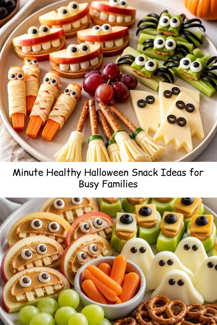 Kids making fun and healthy Halloween snacks together in the kitchen.