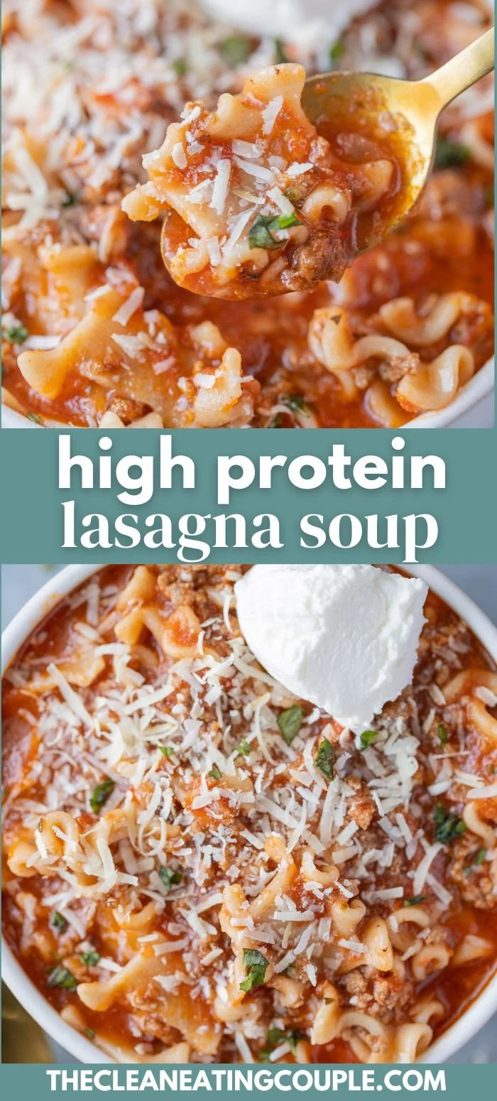 Bowl of high protein lasagna soup topped with cheese and basil