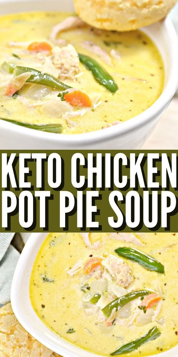 Creamy Keto Chicken Pot Pie Soup in a bowl topped with herbs