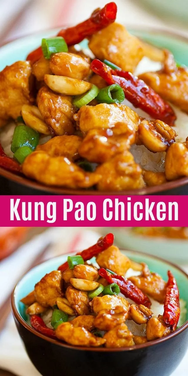 Delicious homemade Kung Pao Chicken dish garnished with peanuts and vegetables.
