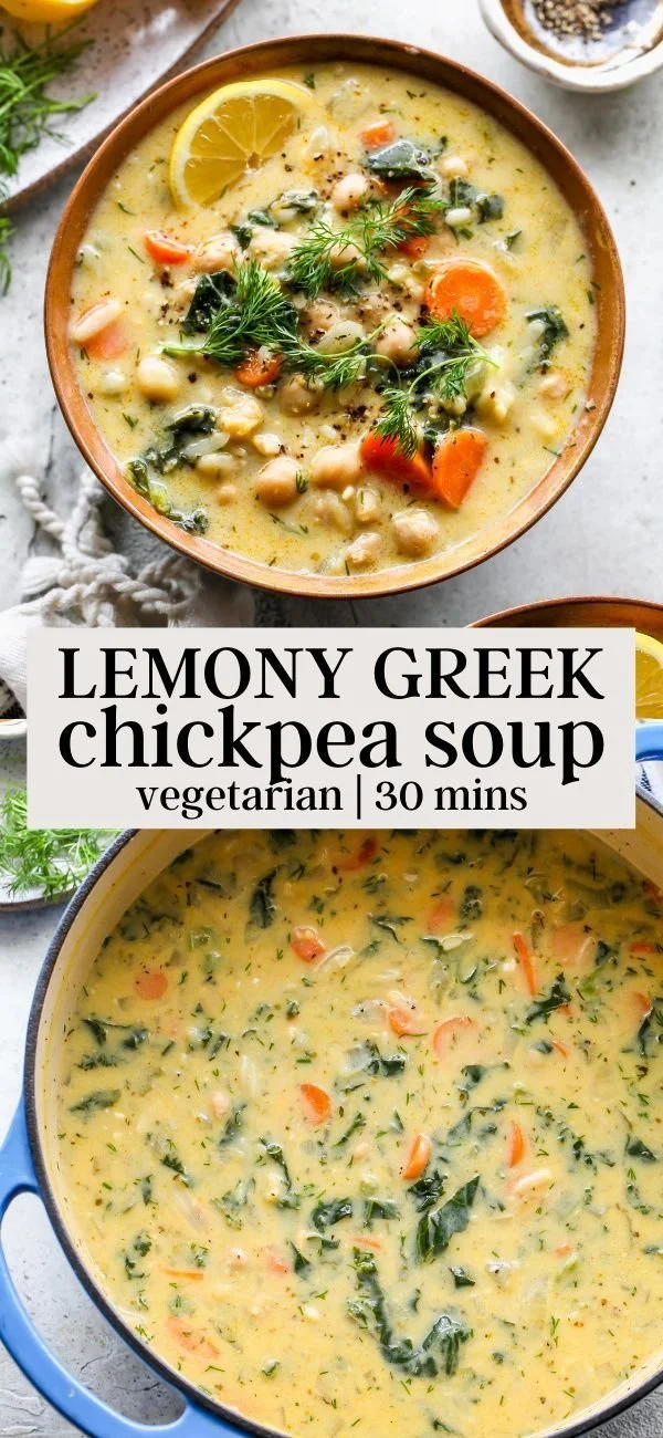Bowl of Lemony Greek Chickpea Soup garnished with herbs and lemon slices