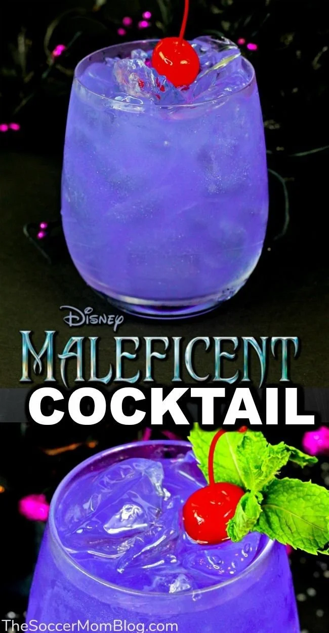 Maleficent Halloween Punch in a spooky themed glass with garnishes