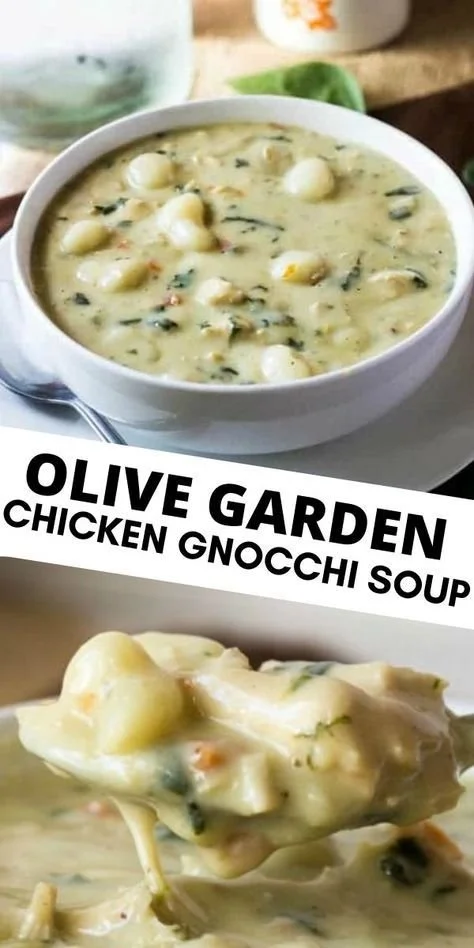 Bowl of Olive Garden Chicken Gnocchi Soup with fresh herbs