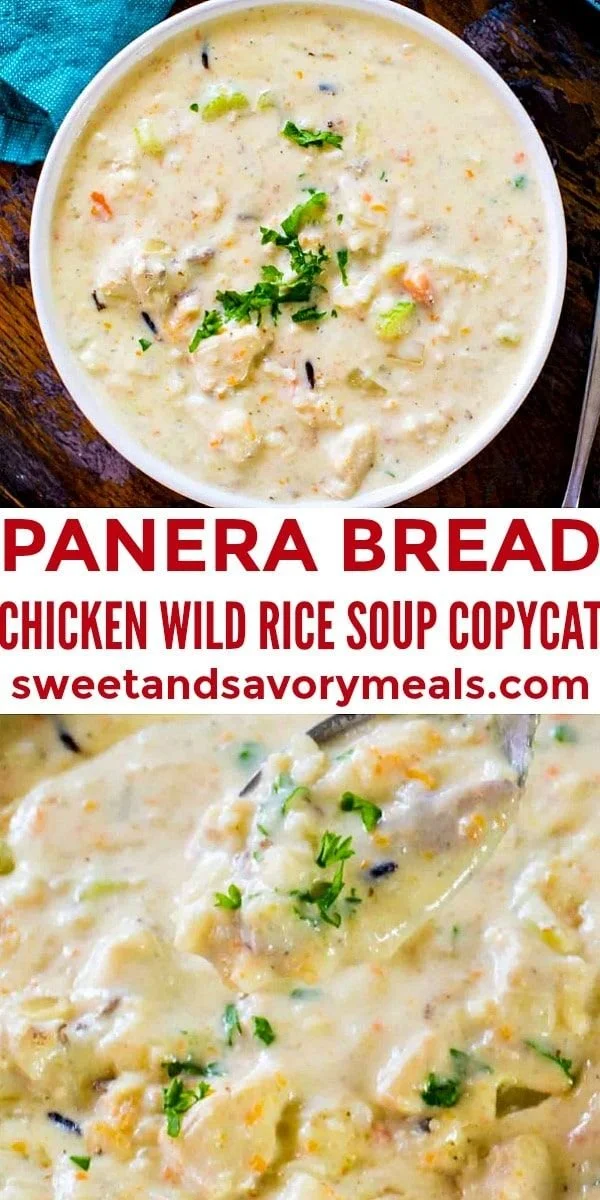 Bowl of delicious chicken wild rice soup inspired by Panera Bread.