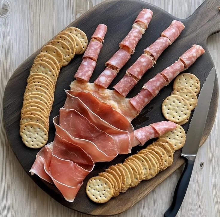 A platter of spooky Halloween food and appetizers for a festive celebration.