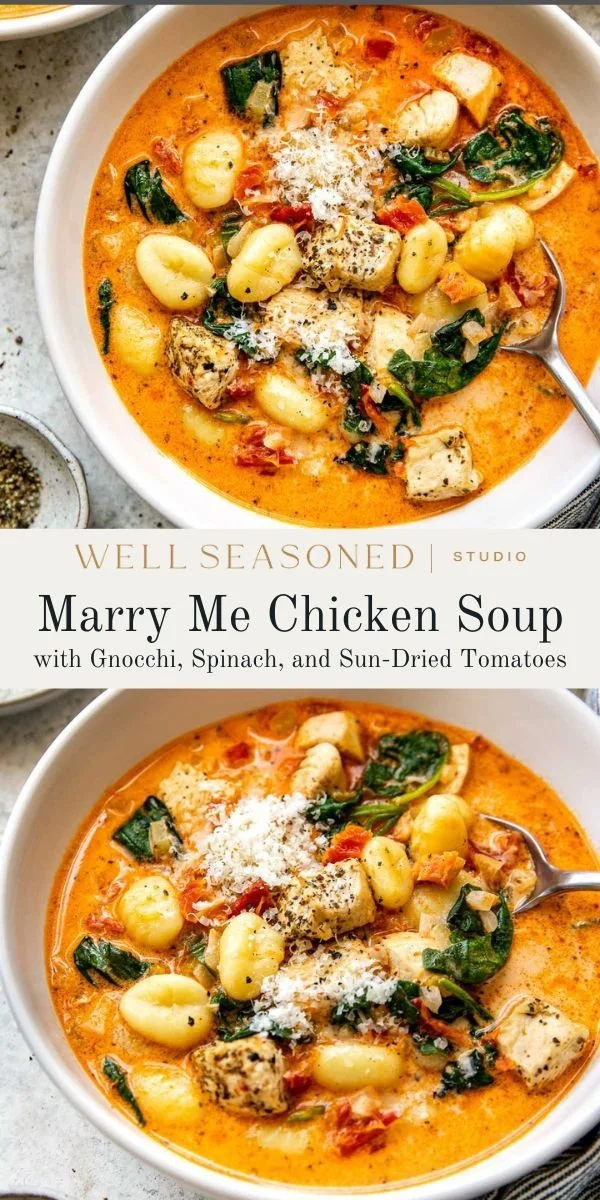 Creamy chicken gnocchi soup with sun-dried tomatoes in a bowl