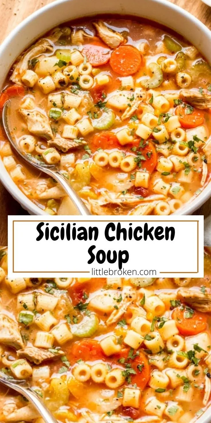 A delicious bowl of Sicilian Chicken Soup garnished with fresh herbs and vegetables.
