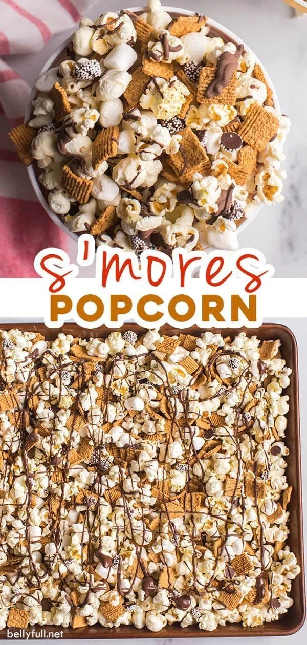 Delicious S'mores popcorn with chocolate, marshmallow, and graham cracker toppings.
