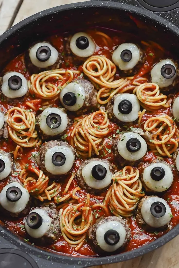 Spaghetti and Eyeballs dish ready for Halloween dinner