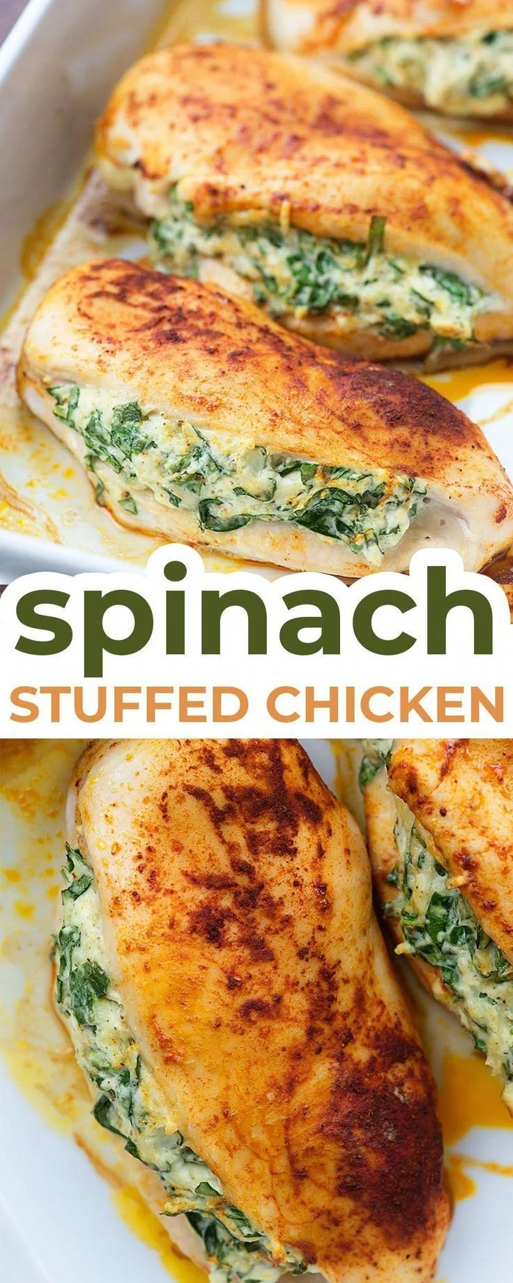 Spinach stuffed chicken breasts served on a plate with garnish