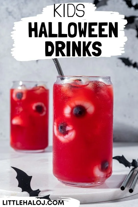 Colorful Halloween drinks for kids and teens at a spooky party.