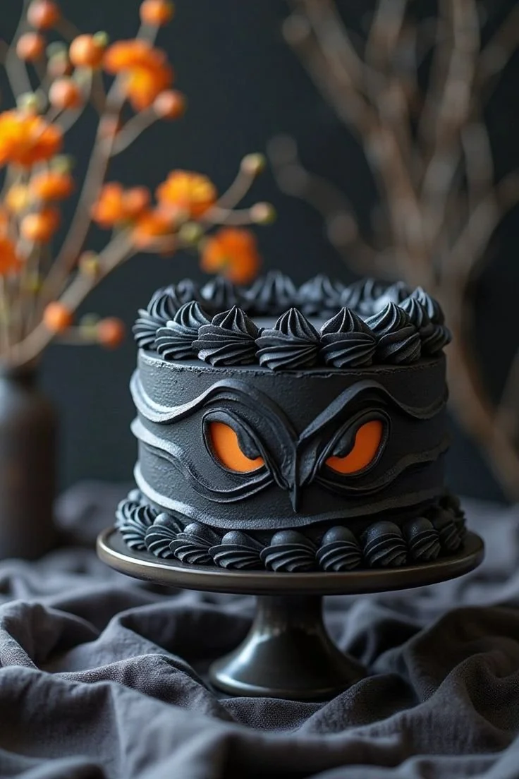 Spooky Halloween cake decorated with creepy designs for a festive dessert.