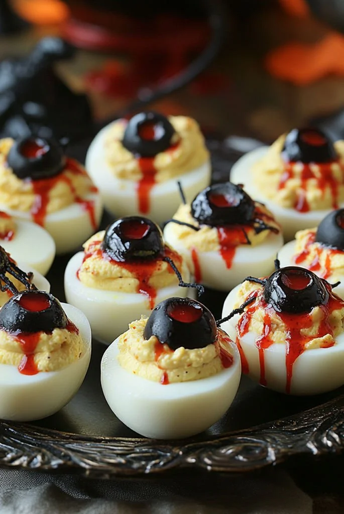 Spooky Halloween devil eggs served as festive finger food for Halloween party