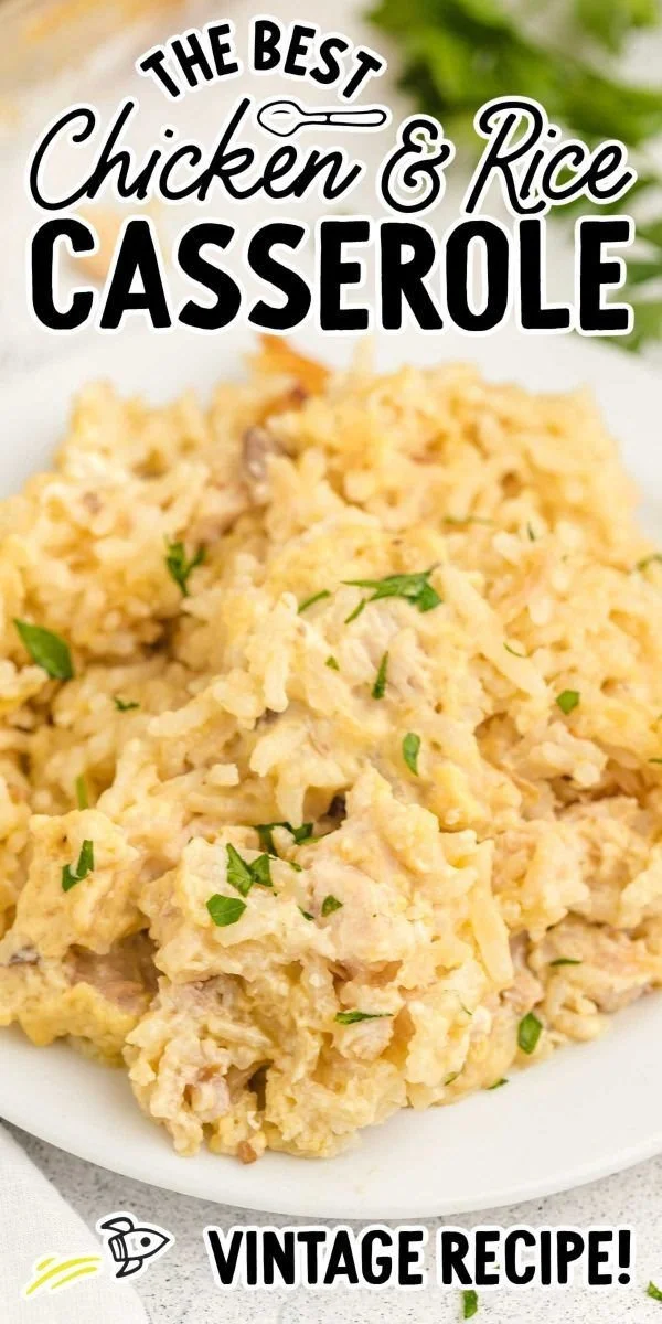 Delicious chicken and rice casserole ready to serve with fresh herbs on top