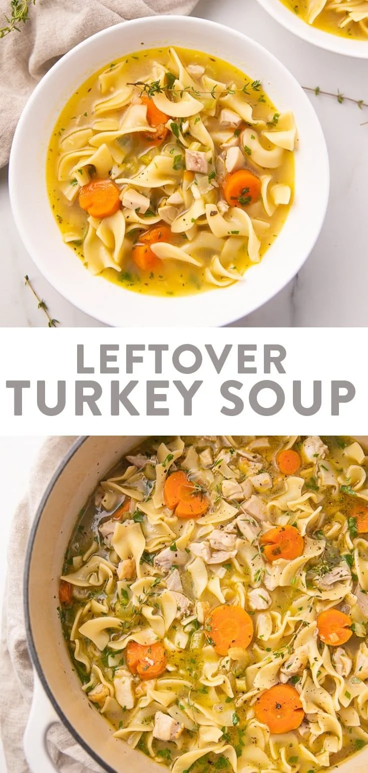 Bowl of turkey noodle soup made from leftover turkey with fresh vegetables.