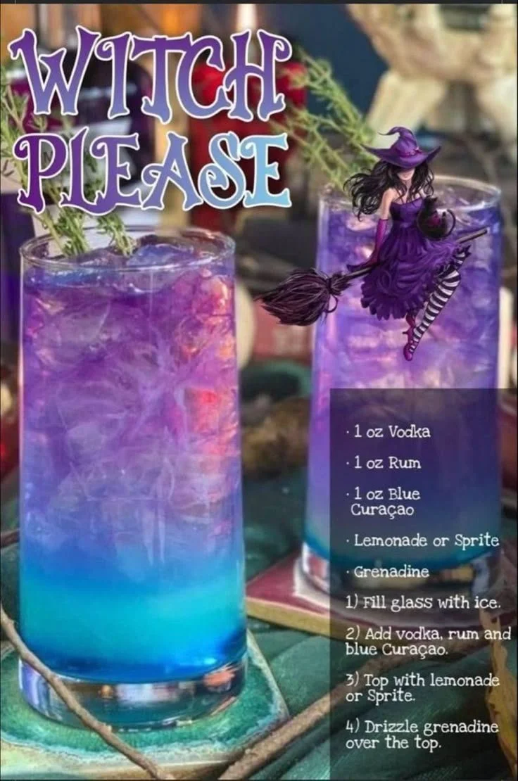 Witchy cocktail recipe for a Halloween party with spooky decorations.